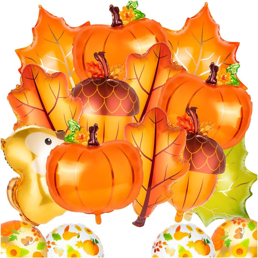 16 Pieces Autumn Balloons Thanksgiving Foil Balloons Pumpkin Maple Leaf Squirrel Pine Cone Mylar Balloon Party Decoration Supplies