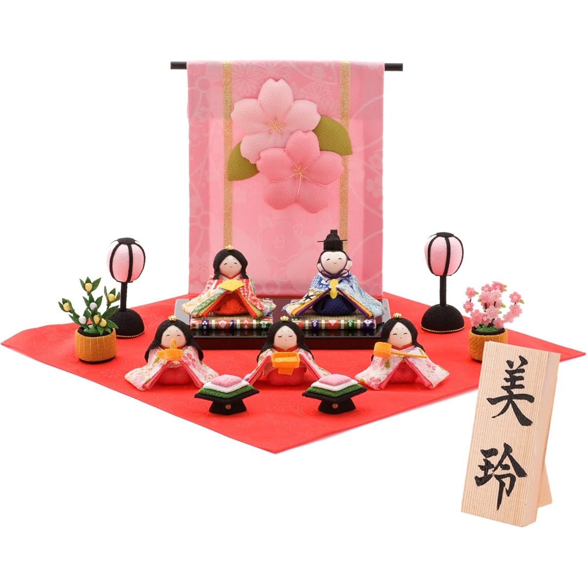 Chirimen Hina Doll, Hina Doll, Flower Screen, Five Hina Dolls, Width 49cm x Depth 49cm x Height 17.5cm [Approx.]