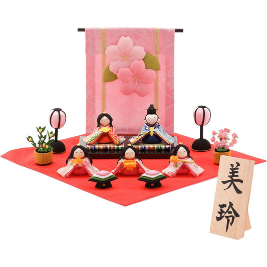 Chirimen Hina Doll, Hina Doll, Flower Screen, Five Hina Dolls, Width 49cm x Depth 49cm x Height 17.5cm [Approx.]