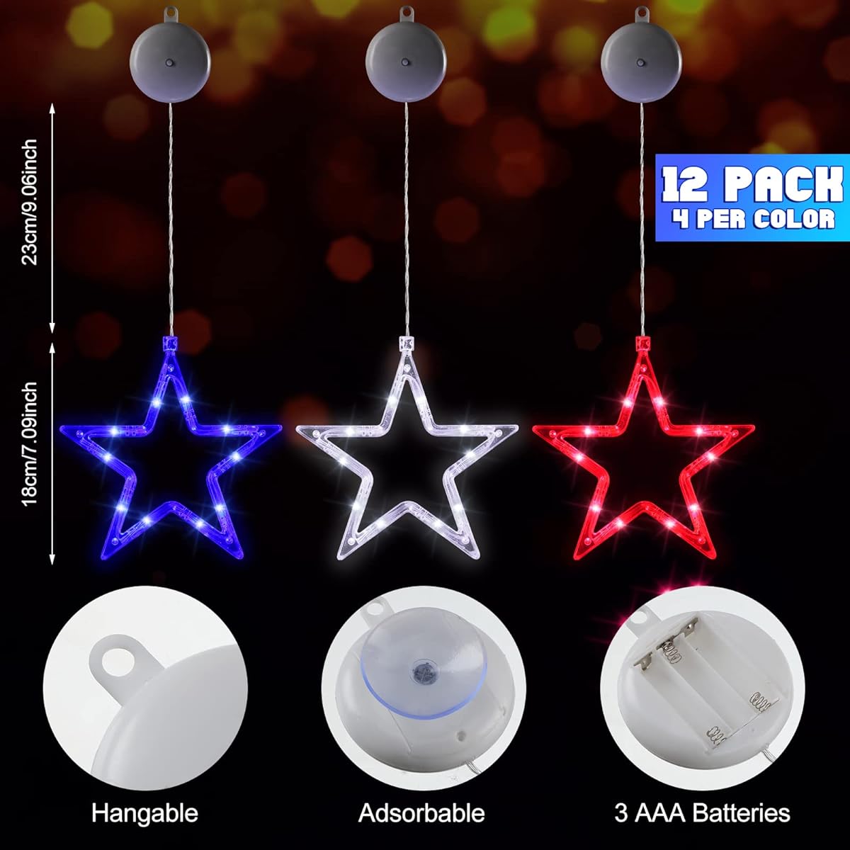 Woanger 4th of July Decorative Lights, 12pcs 7" Hanging Patriotic Star Window Lights Battery Operated LED Red White Blue with Suction Cups Illuminated for Independence Day Outdoor Indoor