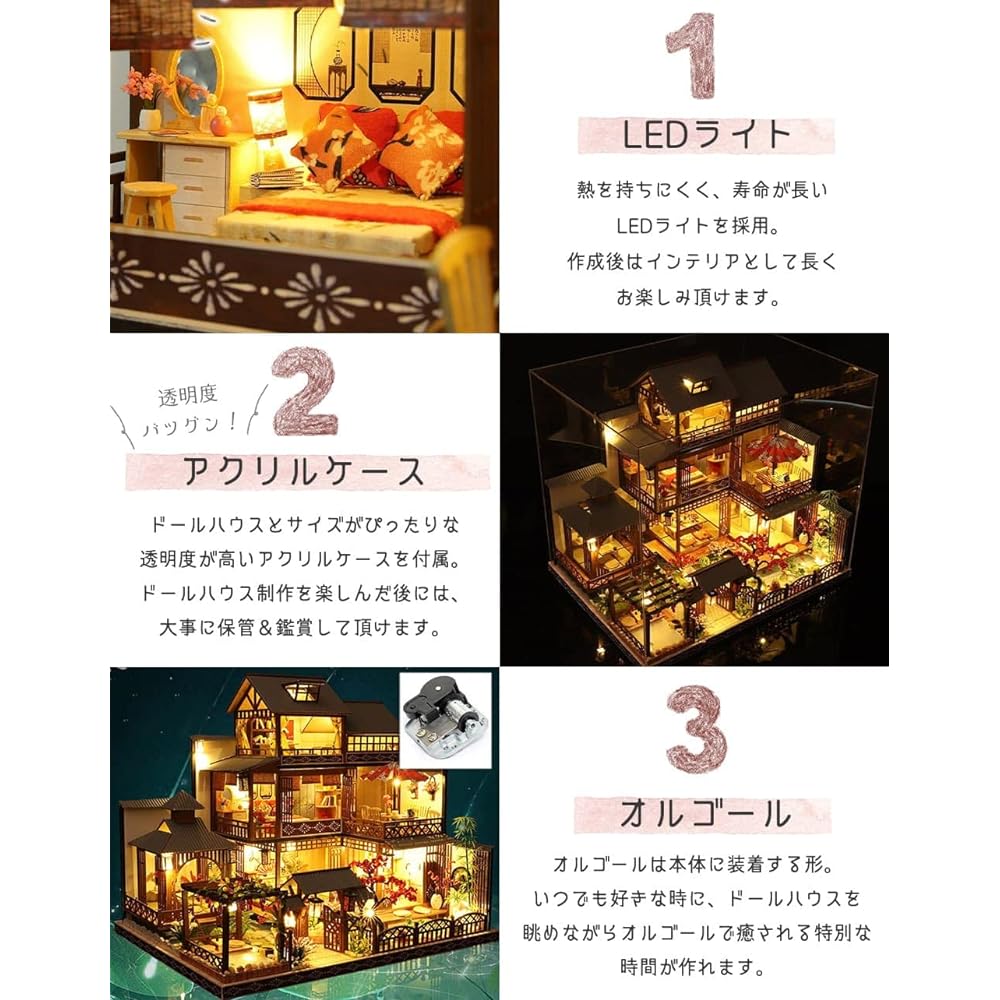 moin moin 1/24 Dollhouse Miniature Handmade Kit Set [Japanese Instruction Manual] A long-established inn with a Japanese garden with impressive maple leaves - Masami - LED light + acrylic case + music box (Pachelbel's Canon) 2208dh342