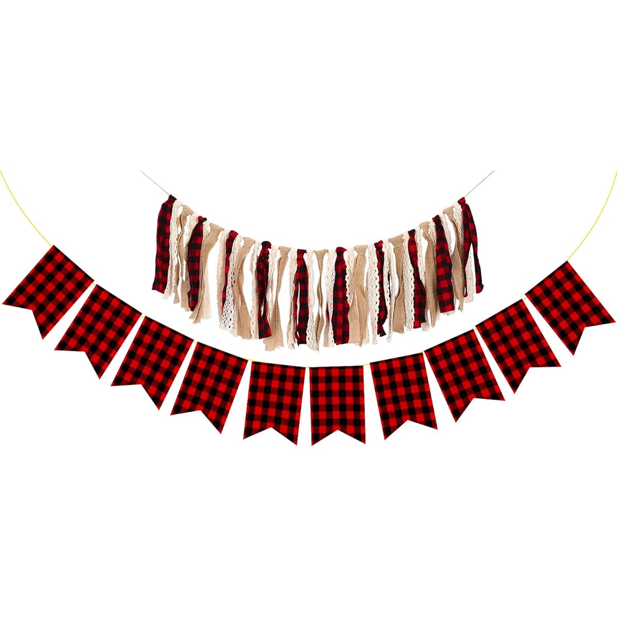 Whaline Buffalo Check Plaid Banner Red Black Tassel Garland Lace Burlap Banner Rag Tie Banner Plaid Bunting Garland Christmas Wedding Birthday Mantle Fireplace Wall Party Decoration 2pcs
