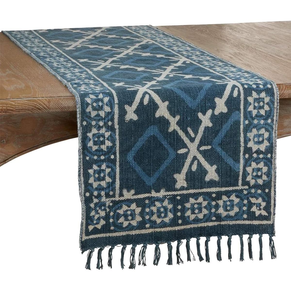 Fennco Styles Distressed Mudcloth Tassel 100% Cotton Table Runner 16" x 72" Navy Blue Table Cover Home Decor for Dining Table Banquet Holiday Special Events