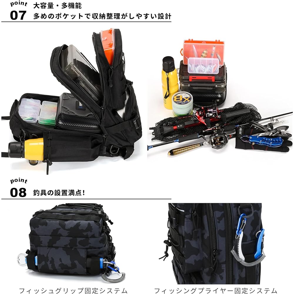 HAKAWAFLY Fishing Backpack, 5-Way Waterproof Fishing Bag, Fishing Bag, Multifunctional, Large Capacity, Includes 1 Waist Belt, 4 Rod Belts, and 5 Carabiners, Rucksack Backpack, 15.6 Inch, Water Repellent Tackle Bag