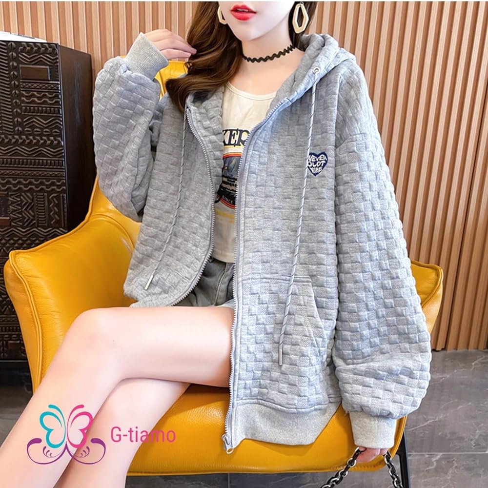 [G-tiamo] Women's Parka, Long Sleeve, Loose, Large, Casual, Zip-up, Stylish, Hoodie, Hood