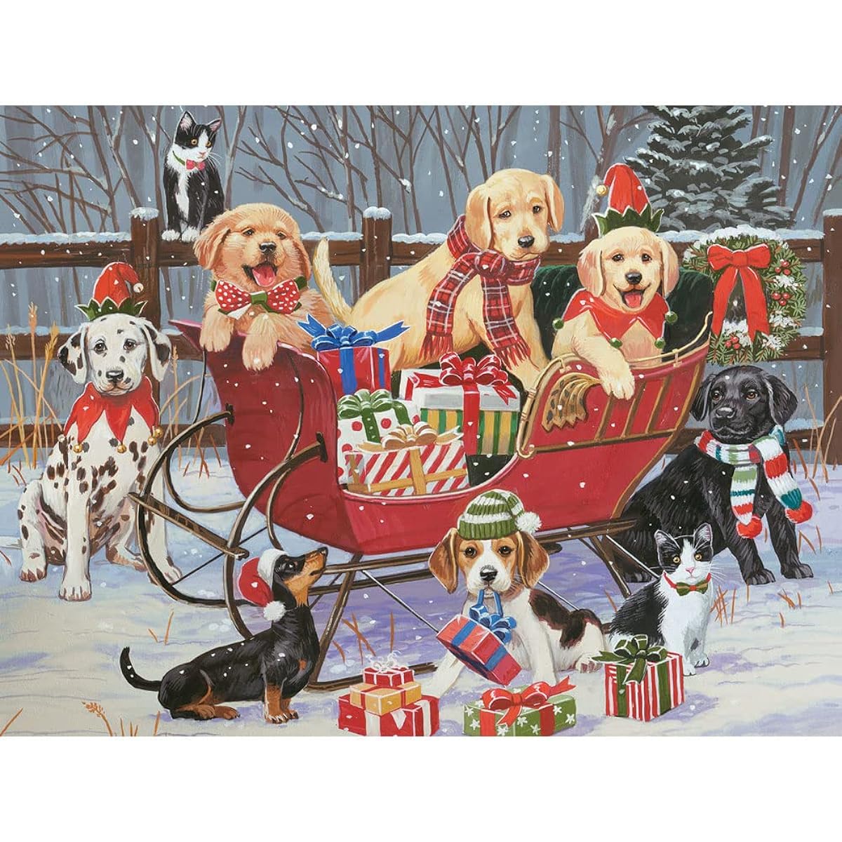 Bits and Pieces - 500 Piece Jigsaw Puzzle for Adults - Puzzle Measures 18" x 24" - Santa's Helpers - 500 Piece Puppy Christmas Sleigh Jigsaw Puzzle by Artist William Vanderdasson