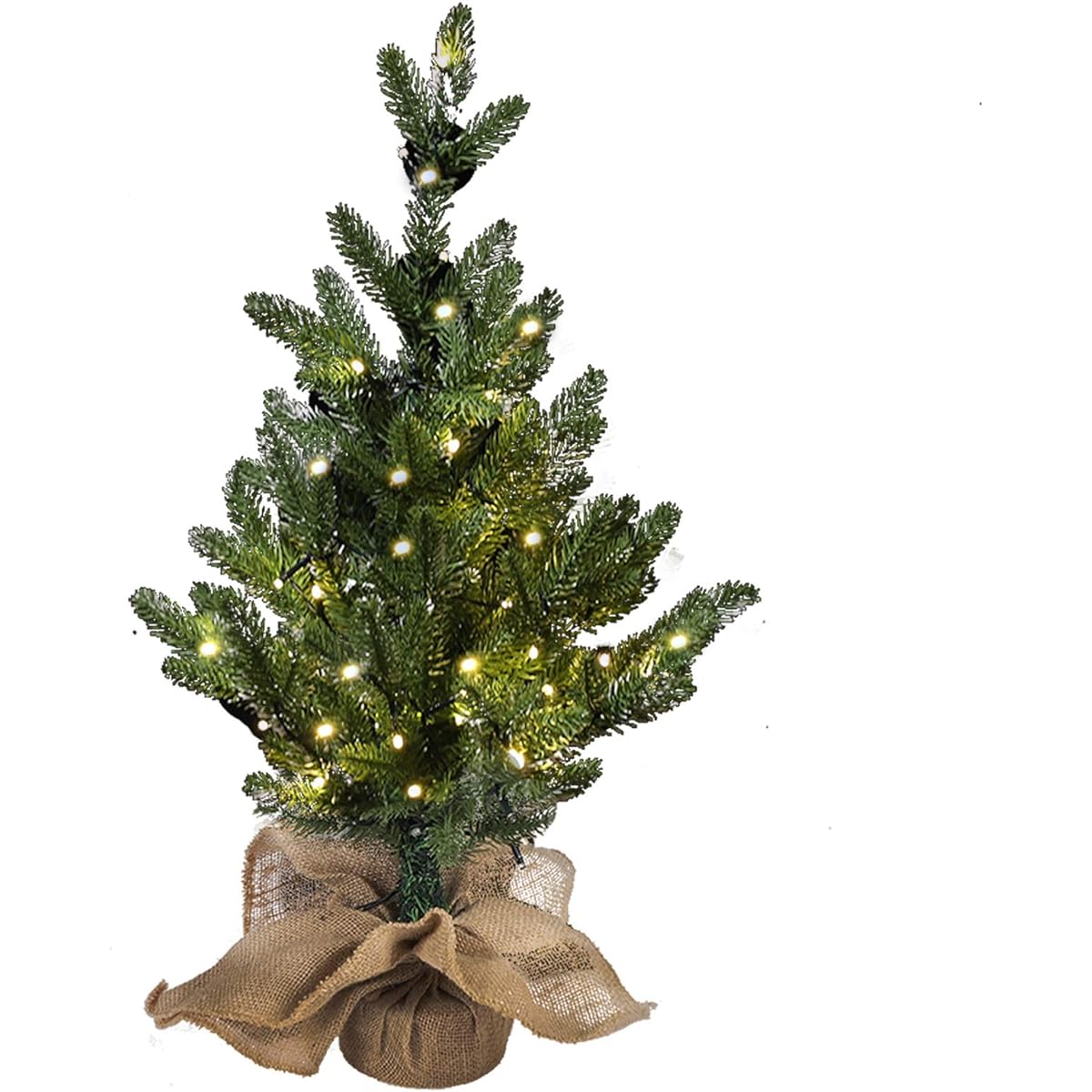 MorTime 24" Mini Artificial Christmas Tree with 50 LED Lights, 2ft Tabletop Christmas Pine Tree with 29 Tips, Burlap Wood Base, Christmas Winter Home Decoration