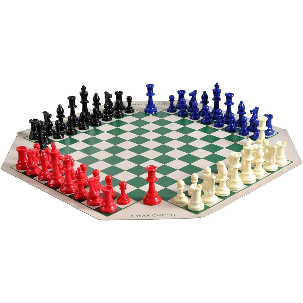 The House of Staunton 4 Player Chess Set Combination - Triple Weight Regulation Color Chess Pieces with 4 Player Vinyl Chess Board