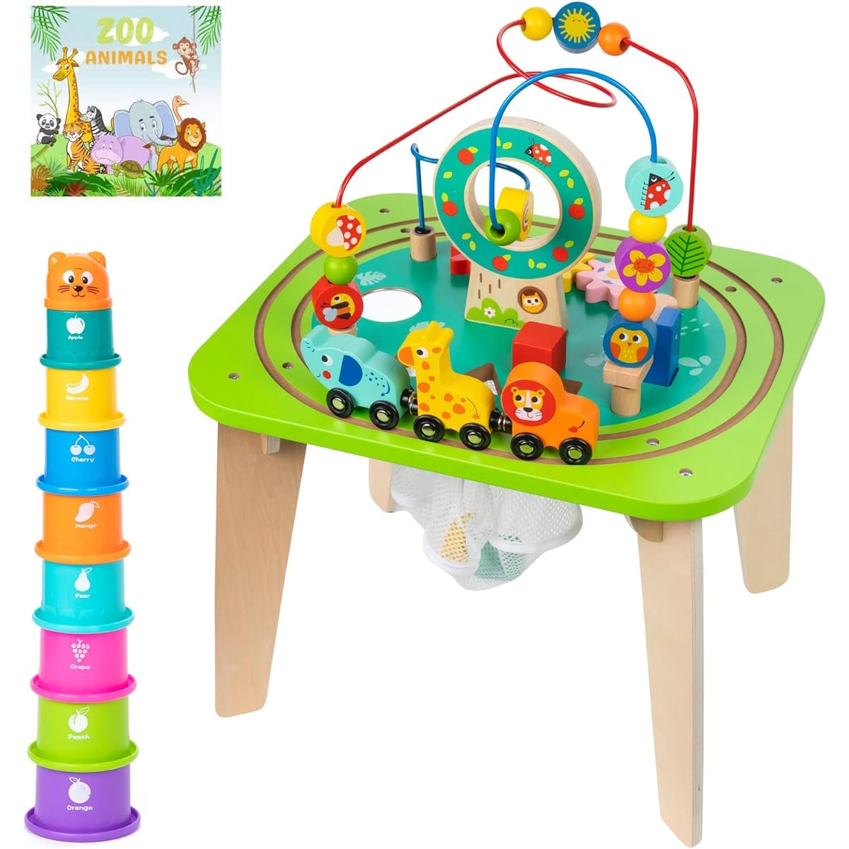 Pidoko Kids Activity Table for Toddlers - Gift Set Bundle 18 Months and Up - Includes Stacking Cups and Zoo Book