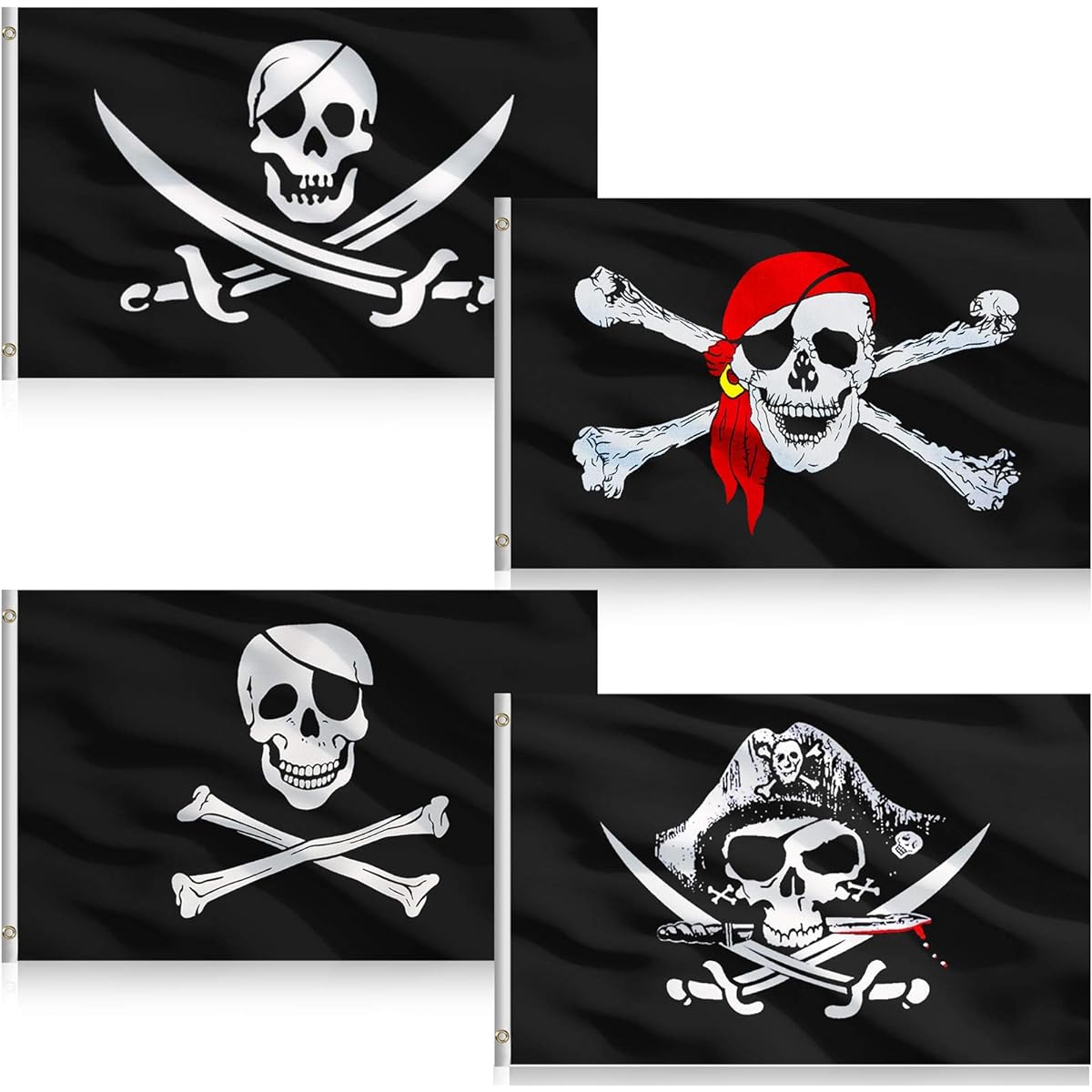 Set of 4 Halloween Pirate Flags 3x5ft Jolly Roger Pirate Flags Skeleton Pirate Banner Halloween Retro Decorative Flags for Halloween Party Home Decorations, 4 Styles
