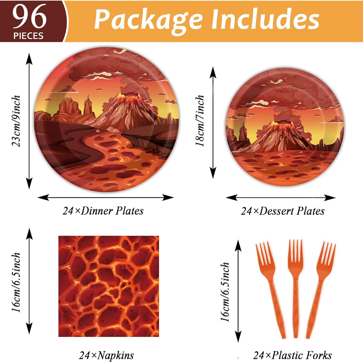 Volcano Hot Lava Party Supplies Tableware Set for 24 Guests Lava Volcano Party Decorations Dragon Dinosaur Party Paper Plates Napkins Forks 96pcs