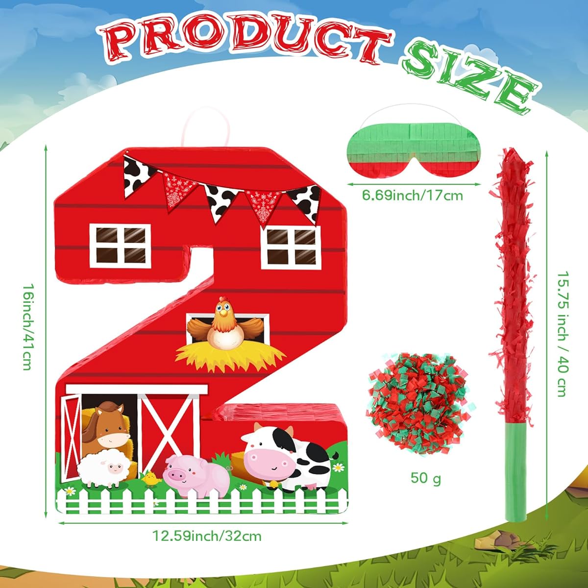 Hungdao Farm Birthday Pinata, Number Pinata with Blindfold Bat and Confetti, Farm Animals Pinata for Boys Girls Birthday Party Decorations Barnyard Baby Shower Carnival Game Supplies (Number 2 Style)