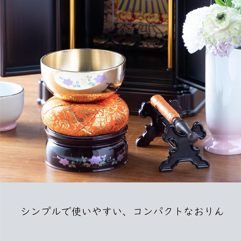 Simple Orin Set For prayers and memorial services at Buddhist altars, Buddhist altar accessories, Rin, Rin sticks, Rin stand, Rin futon, Rin stick stand set, modern Buddhist altar items, mini Buddhist altars, also for pets and memorial services, 5-piece