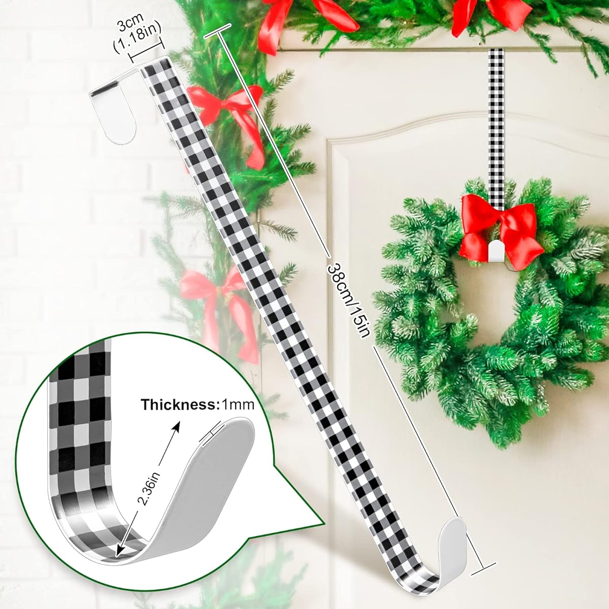 Whaline Christmas Wreath Hanger Over Door Buffalo Check Metal Wreath Hook White Black Plaid Hook Christmas Party Wedding Decor Wall Home Office Clothes 15 Inch 2 Pieces