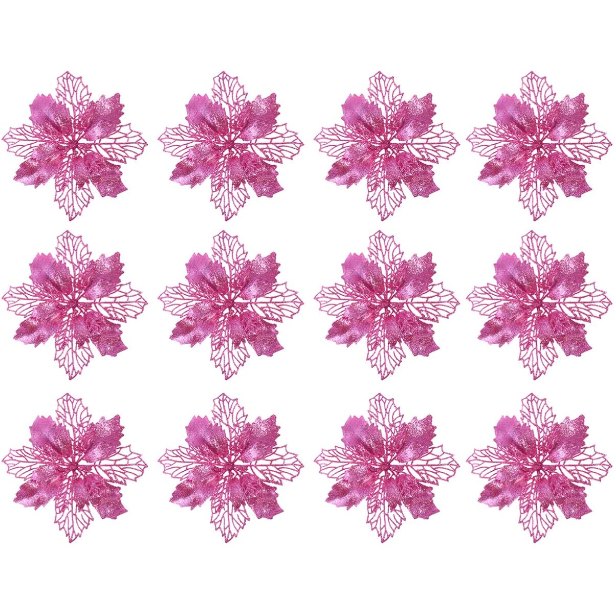 Toyvian 12pcs Christmas Glitter Artificial Poinsettia Flowers Christmas Tree Ornaments Christmas Tree Hanging Pendant Wreath Garland Holiday Decorations (Pink)