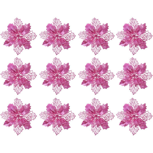 Toyvian 12pcs Christmas Glitter Artificial Poinsettia Flowers Christmas Tree Ornaments Christmas Tree Hanging Pendant Wreath Garland Holiday Decorations (Pink)