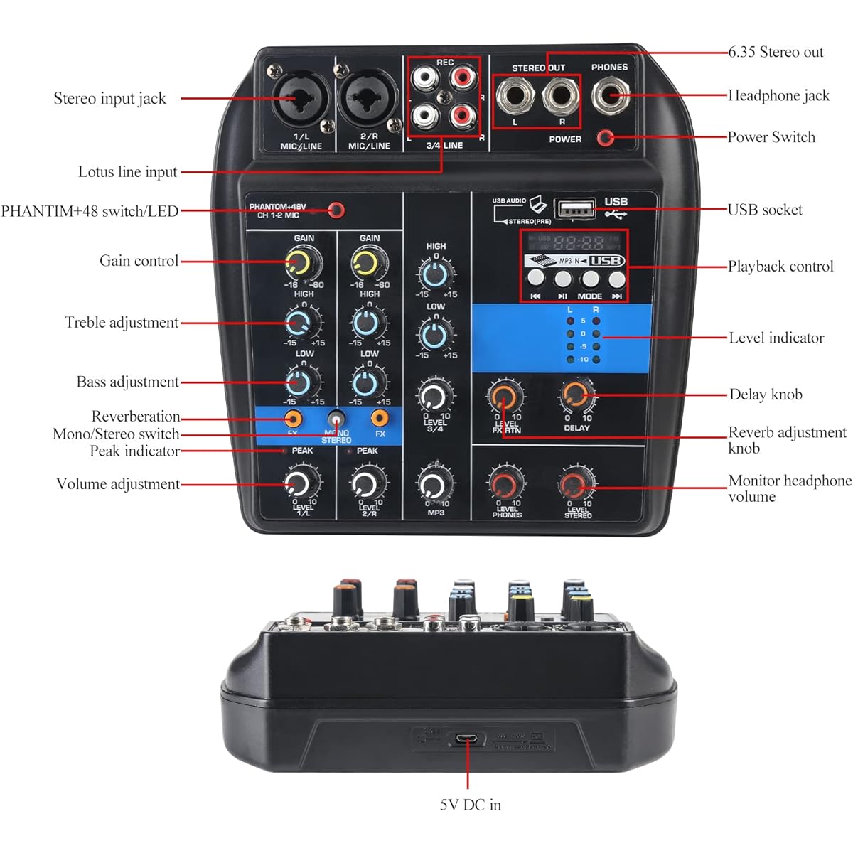 Mini Audio Mixer 4 Channel Sound Mixing Board USB Bluetooth MP3 Computer Input Audio Sound Mixer 48V Phantom Power Stereo DJ Studio Streaming Media FX Reverb Delay Processor