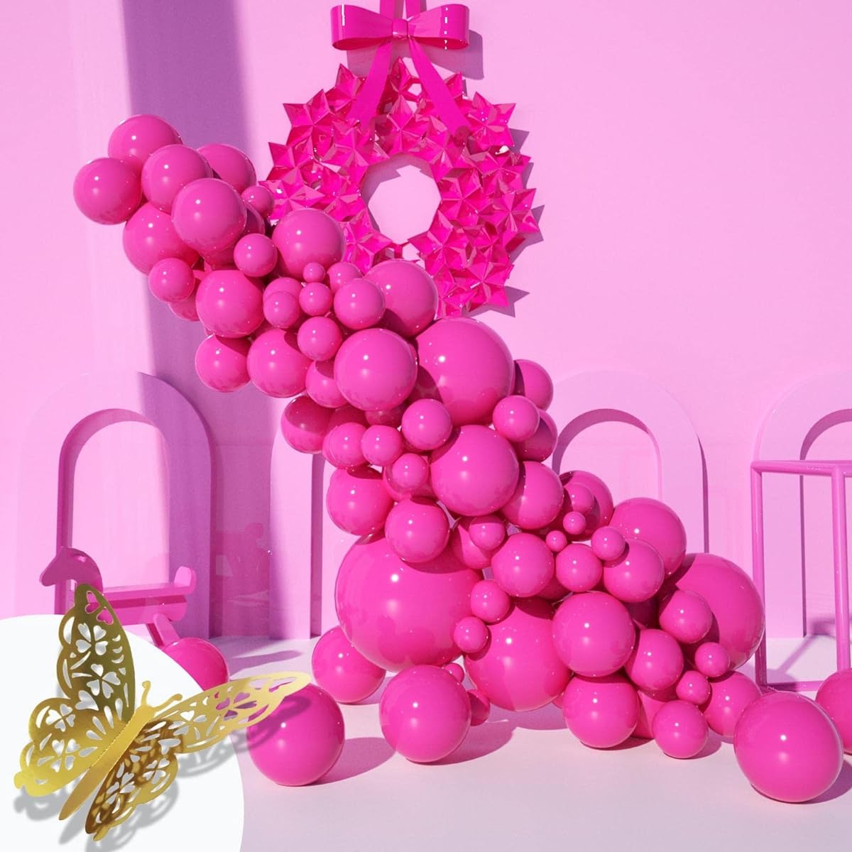 Rosmavi 104 Pieces Hot Pink Balloon Garland Kit with Gold Butterflies