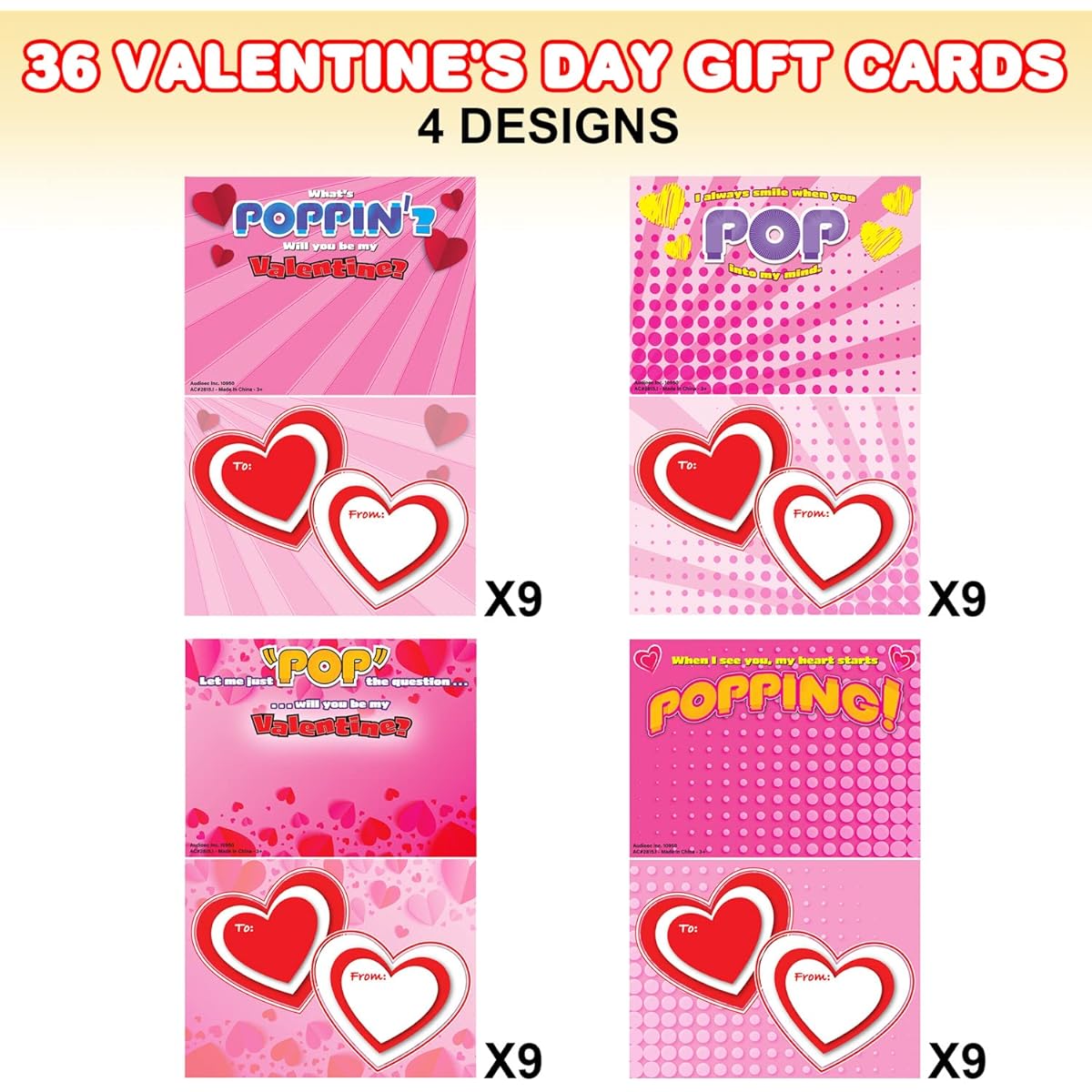 ArtCreativity Valentine's Day Card Pop Tube Gift Set, 36 Valentine's Day Cards, 36 Pop Tubes, Sensory Toy, 72 Twist Ties, Valentine's Day Gift Gift Bag Filler for Kids