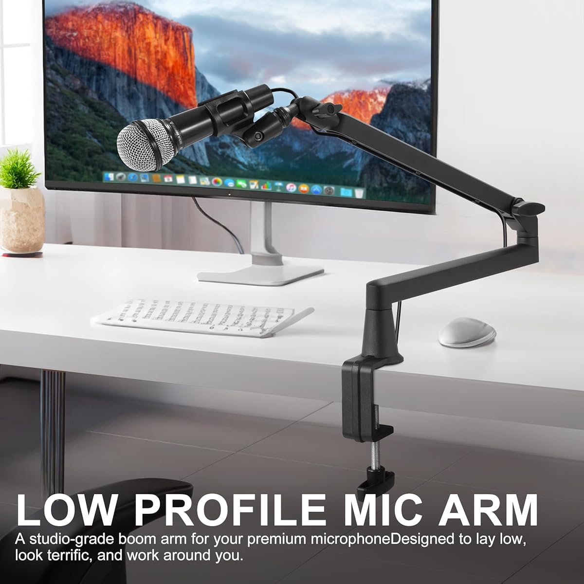 Prizmora Low Profile Microphone Arm, Adjustable Microphone Boom Stand Solid Metal Desk Mount Microphone Boom Arm Cable Management Desktop Flexible Microphone Holder