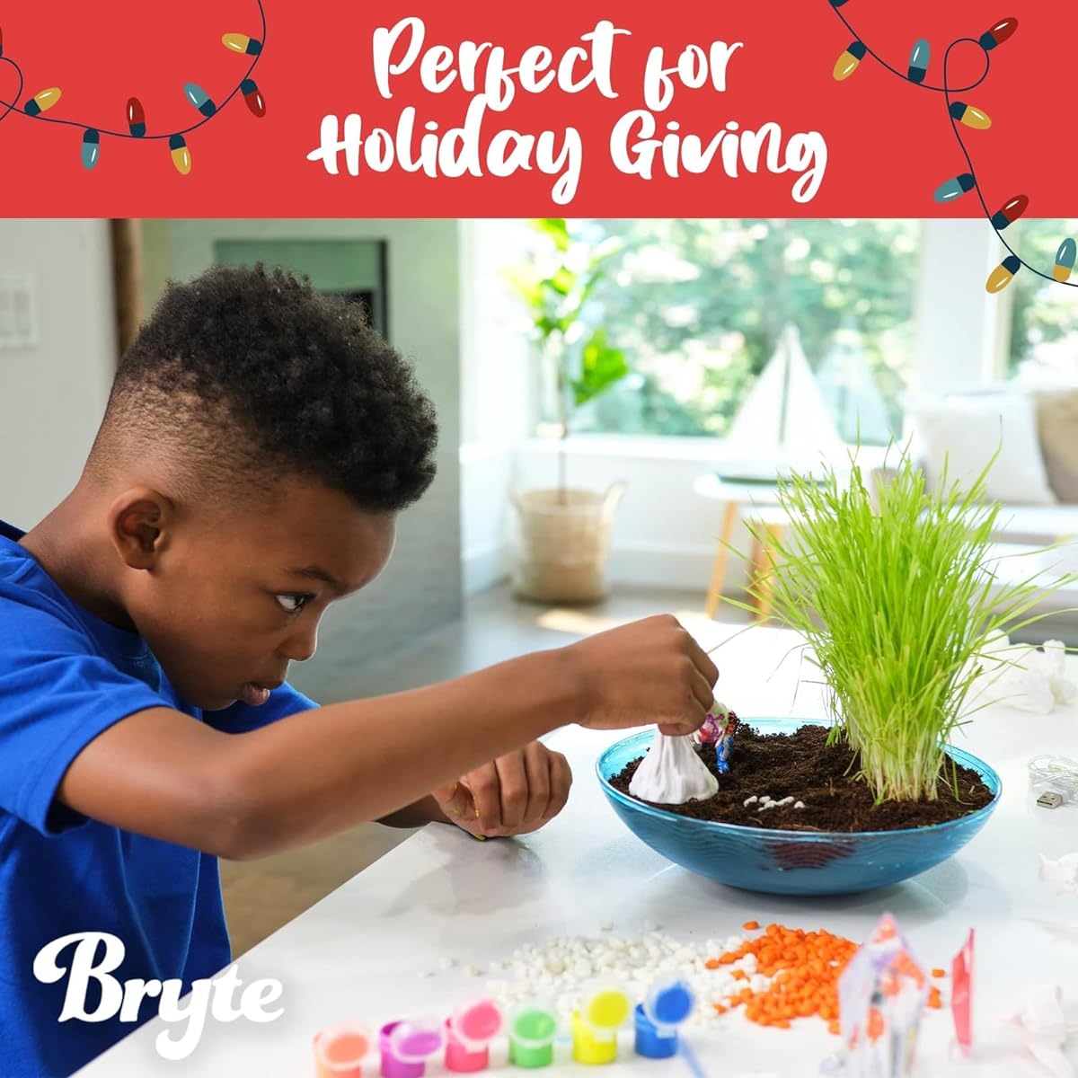 Bryte Dinosaur Light Up Terrarium Kit for Kids | Create a Dinosaur Habitat with Real Plants, Figurines, Volcano and LED Lights | DIY Science Kit, STEM Activity, Arts & Crafts for Kids Ages 8-12