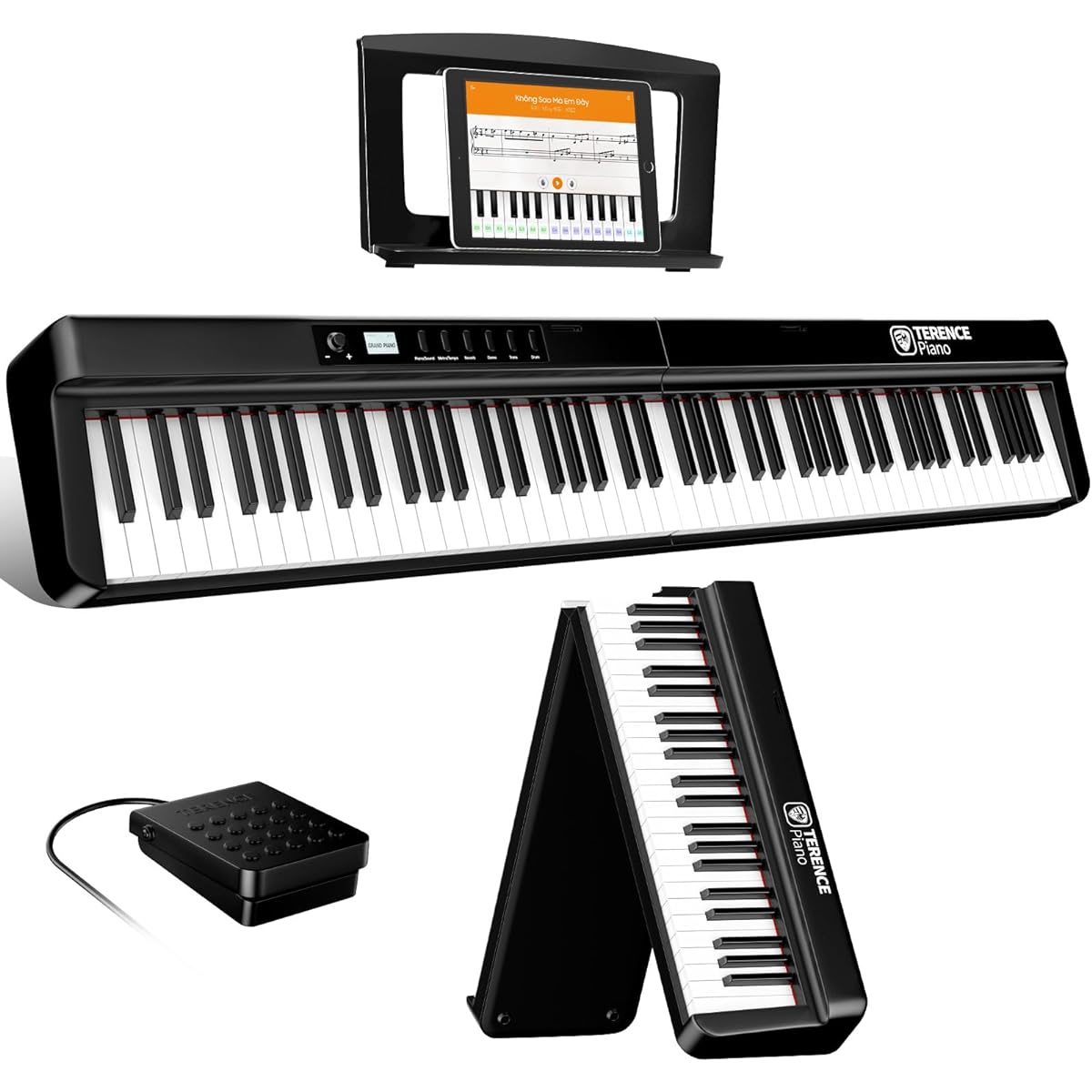 TERENCE Electronic Piano 88 Keyboard Foldable Electronic Organ Touch Response Keyboard MIDI Compatible 25W Dual Speakers Rechargeable Petal Included Perfect for Practice DigitalPiano Compact Portable Japanese Instruction Manual Included X88E Black