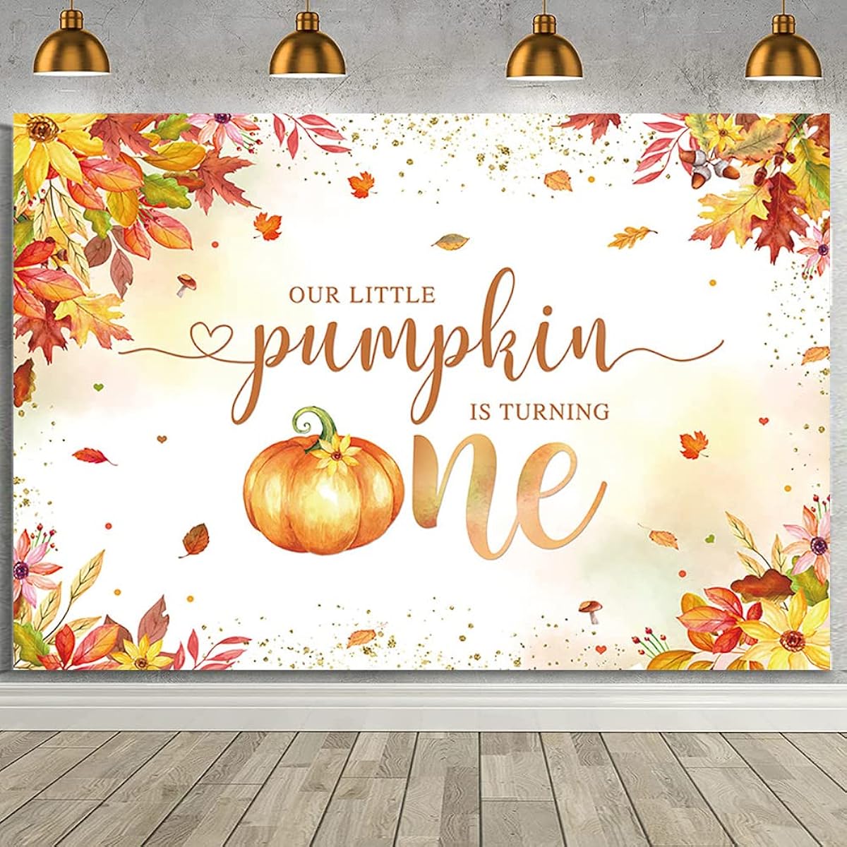 MEHOFOND 7x5ft Pumpkin 1st Birthday Backdrop Fall Leaves Gold Dots Our Little Pumpkin is Turning One Photo Background Happy First Birthday Party Decorations Banner Cake Table Supplies