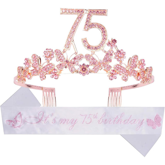 75th Birthday Sash and Tiara for Women - Fabulous Glitter Sash + Leaf Rhinestone Pink Premium Metal Tiara for Her 75th Birthday Gifts, Celebrate 75 Years Old