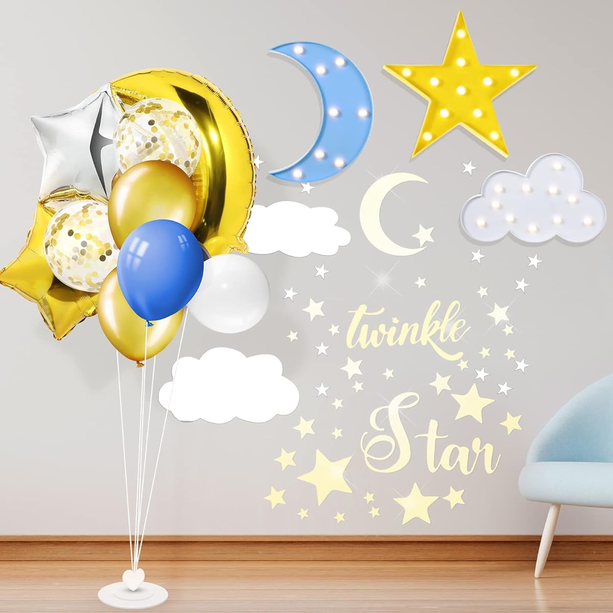 Cloud Stars and Moon Night Light LED Star and Moon Lamp Marquee Sign Moon and Star Balloons Twinkle Twinkle Little Star Wall Decals Baby Nursery Decorations Birthday Party Supplies