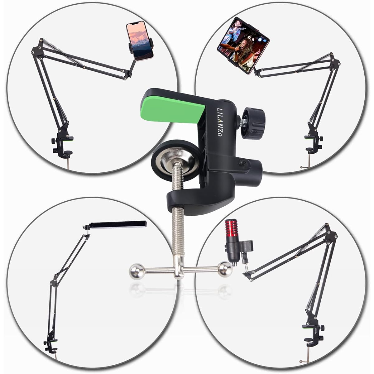 LILANZo 2-in-1 Table Mount Clamp Heavy Duty Metal Microphone Clamp Holder for Microphone Suspension Boom Scissor Arm Stand Holder & Overhead Phone Mount Stand Compatible with Thickness up to 1.97"/5cm