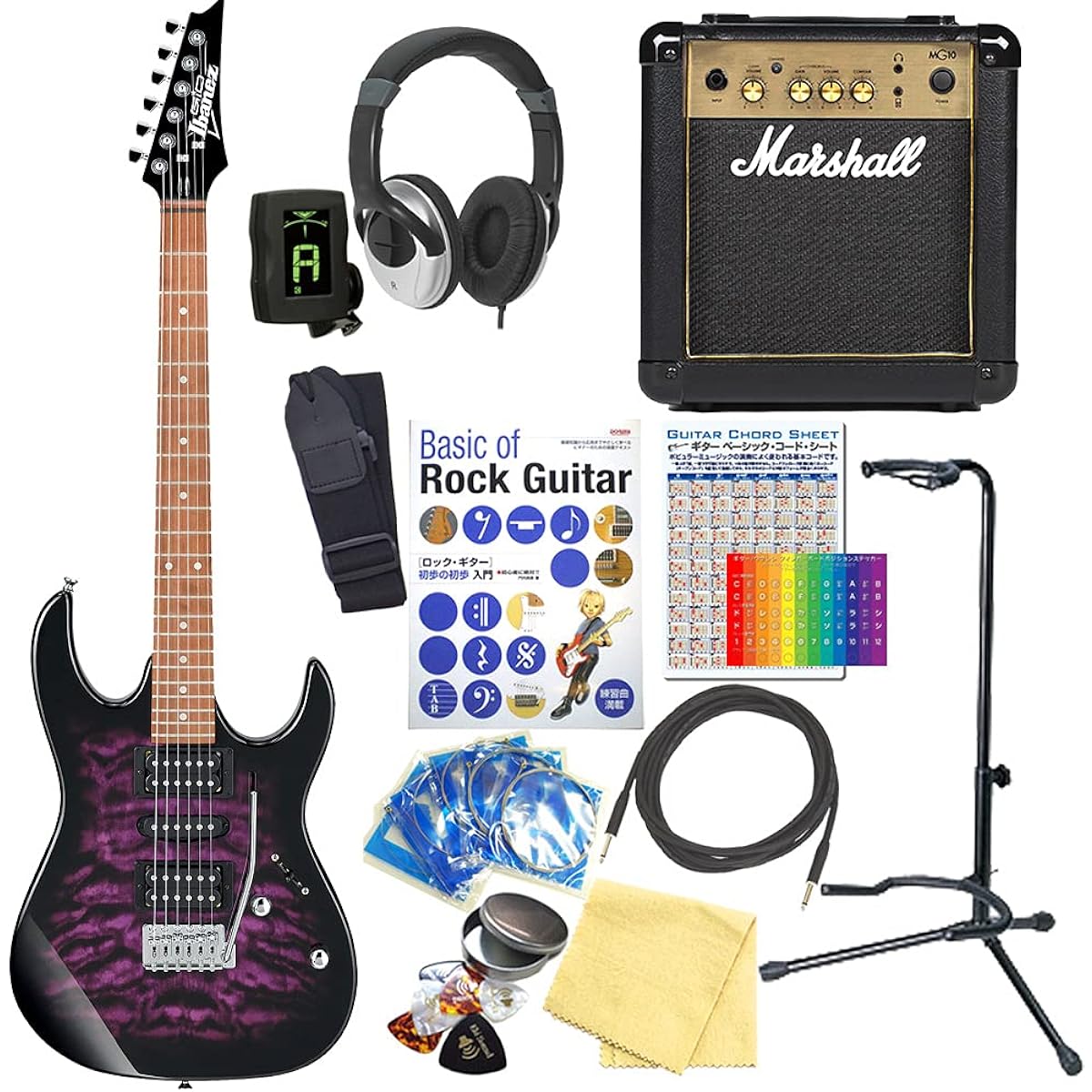 Ibanez GRX70QA TVT Electric Guitar with Marshall Amplifier, Beginner's 15-piece Set