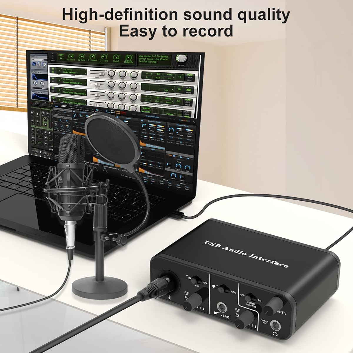 USB Audio Interface for Music Recording XLR Interface 48V Phantom Power with Headphone Amplifier TRS Balanced AudioBox Mic Preamp 48V 2 Channels for PC/Win/Mac Streaming Podcasting