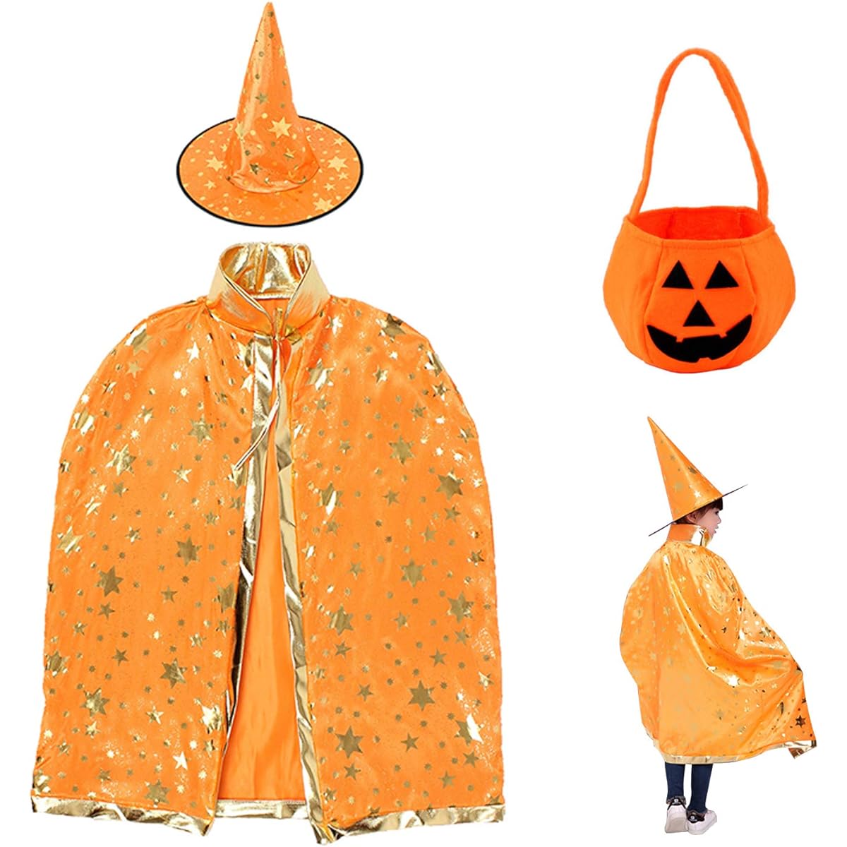 Sawaruita Halloween Costume Witch Cape Witch Cloak with Hat Stay Pattern Pumpkin with Pockets for Kids Role Play Party