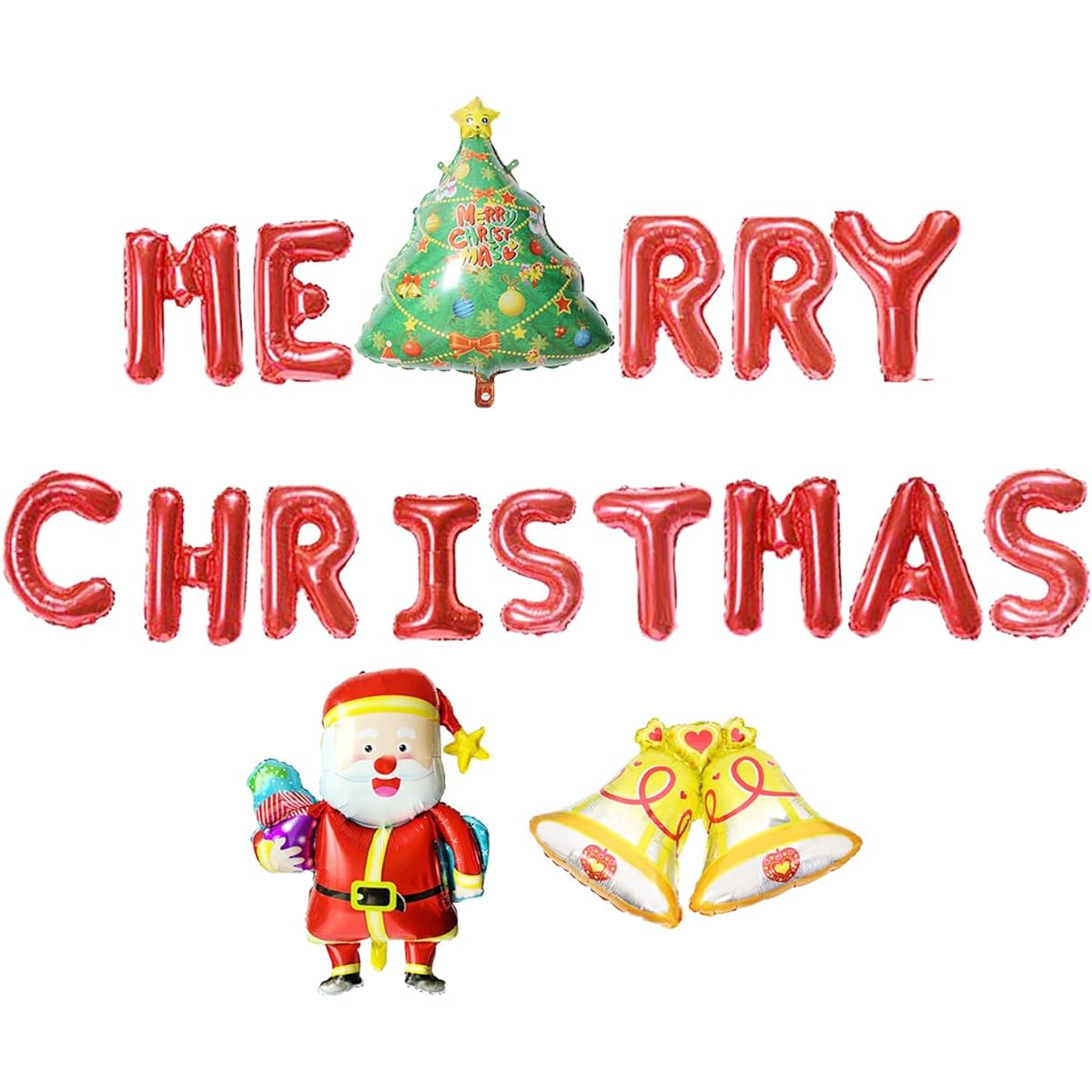 KUNGOON Merry Christmas Red Letter Foil Balloons Big Snowman Christmas Tree Bell Balloons Christmas Party Decoration Supplies Kids Christmas Party Favors (Christmas Red)
