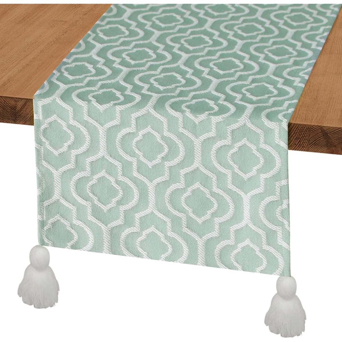 FEXIA Rustic Table Runner 72 Inch Long Home Decor Boho Table Runner Light Green Four Leaf with Tassels Moroccan Design Bohemian Dining Room Table Decor (12x72 Inch)