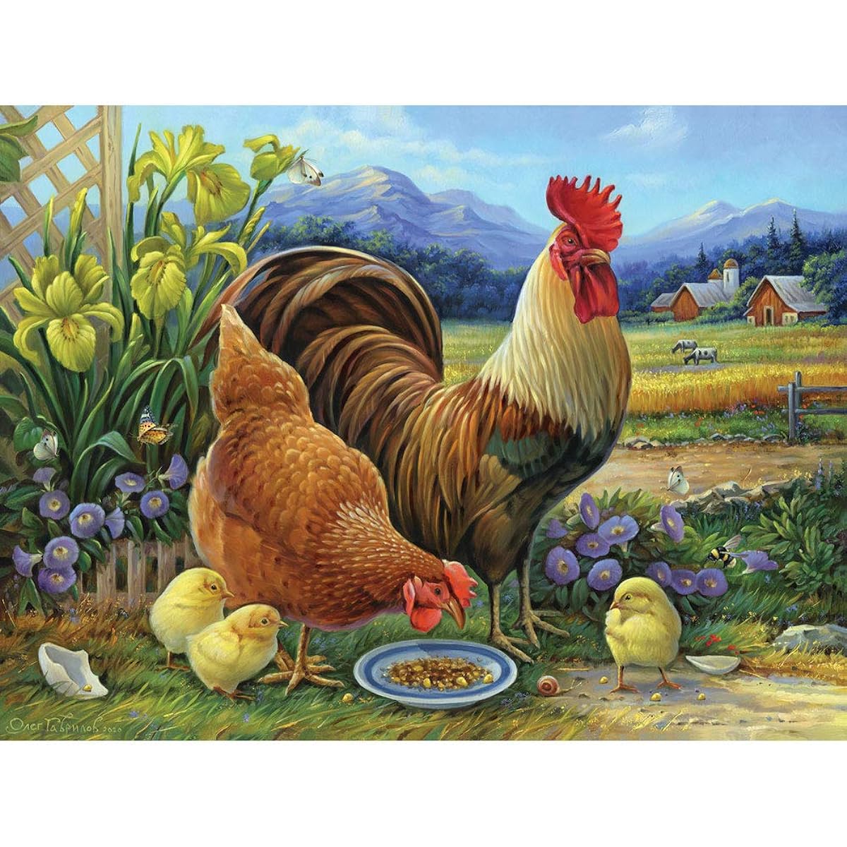 Bits and Pieces - 300 Piece Jigsaw Puzzle for Adults 18" x 24" - Amber Rooster and Family - 300 Piece Hen Chick Ranch Farm Country Flower Barn Jigsaw Puzzle by Artist Oleg Gavrilov