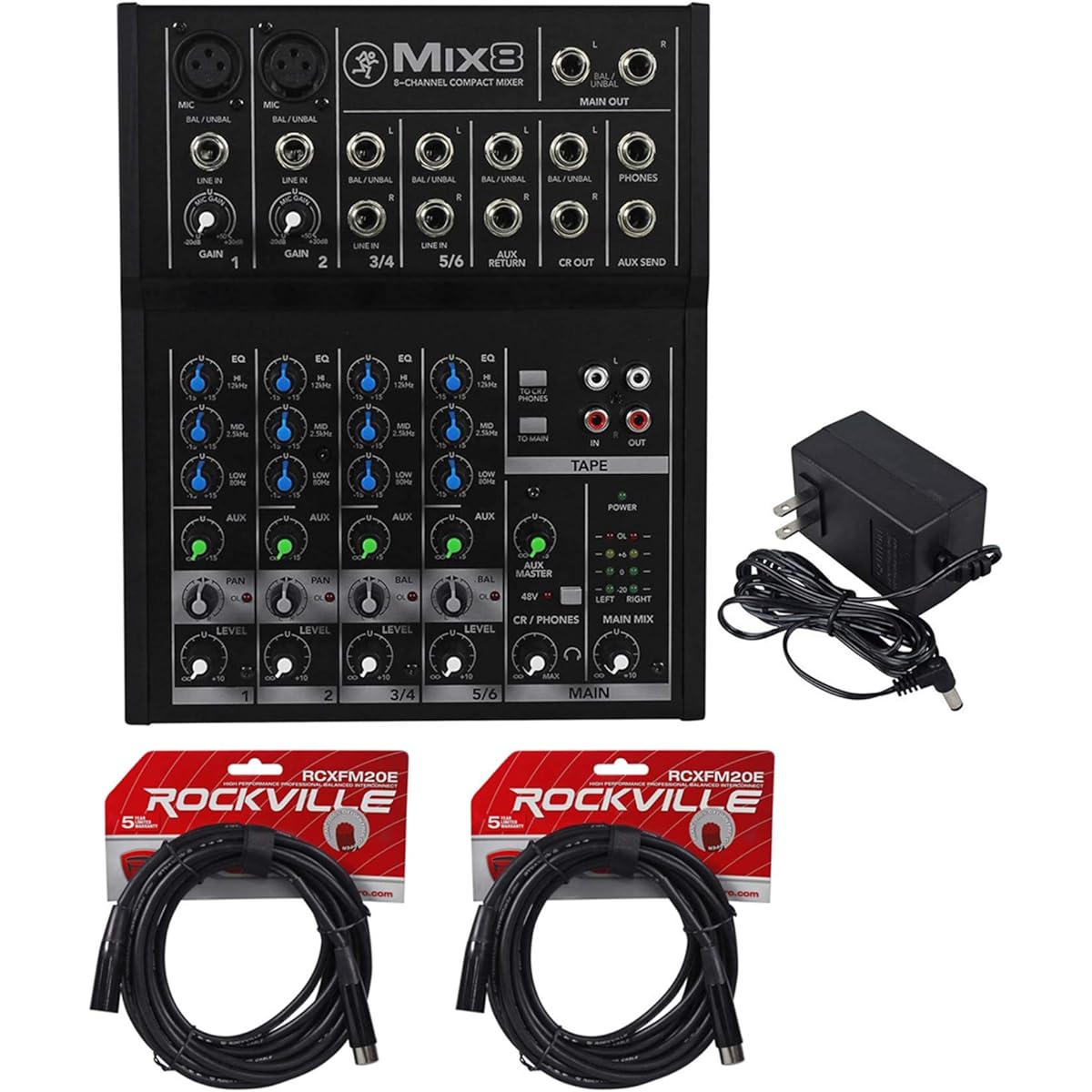 Mackie Mix8 8-Channel Compact Mixer with Durable Metal Chassis Bundle Rockville RCXFM20E-B 20ft Female to Male XLR Microphone Cable Black 100% Copper