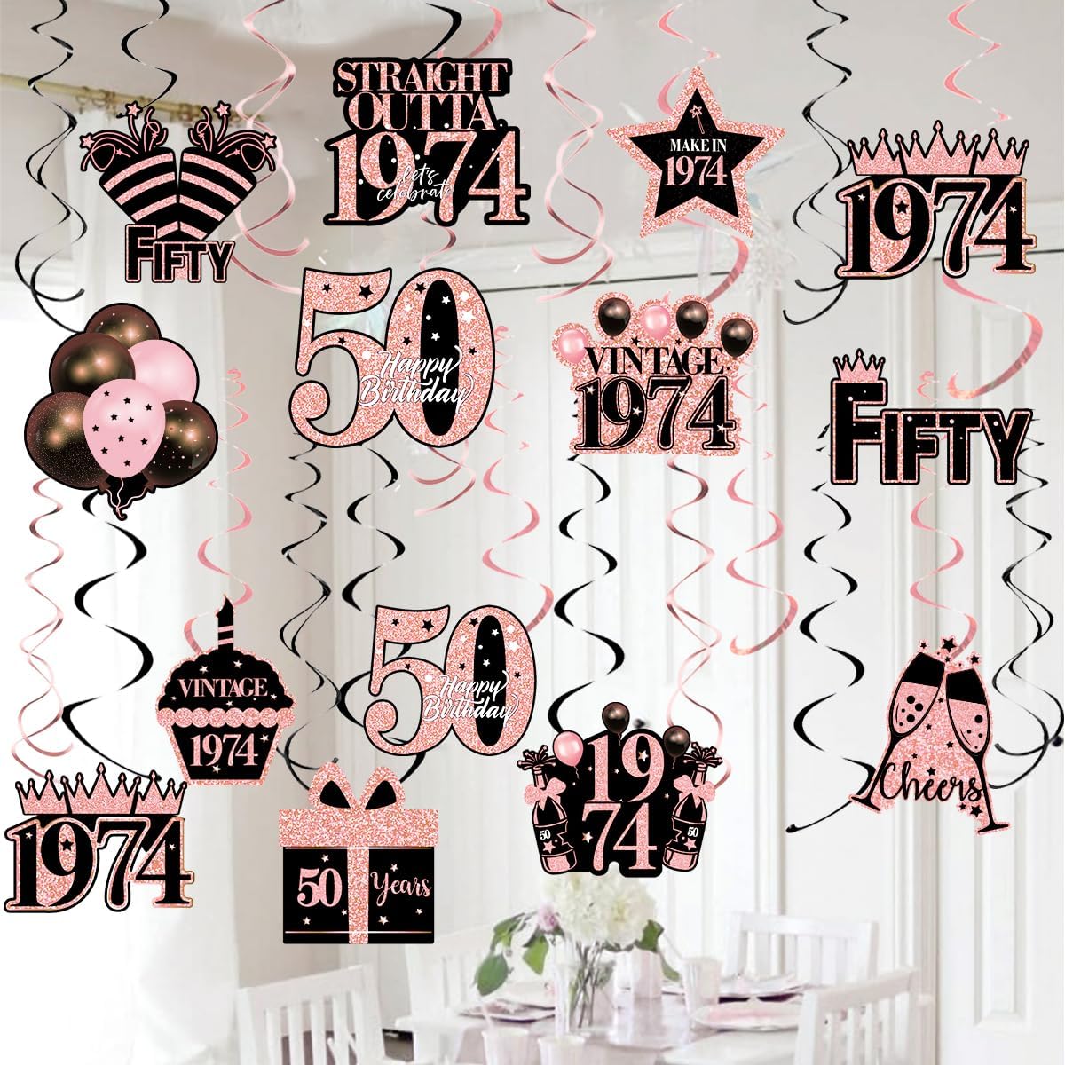 50th Birthday Decorations for Women, 45 Pieces Happy 50 Birthday Party Supplies, 1974 50th Birthday Hanging Swirls, Pink Hanging Party Streamer Decorations, 50th Birthday Ceiling Party Favors