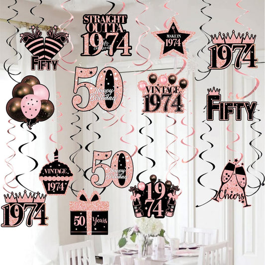 50th Birthday Decorations for Women, 45 Pieces Happy 50 Birthday Party Supplies, 1974 50th Birthday Hanging Swirls, Pink Hanging Party Streamer Decorations, 50th Birthday Ceiling Party Favors