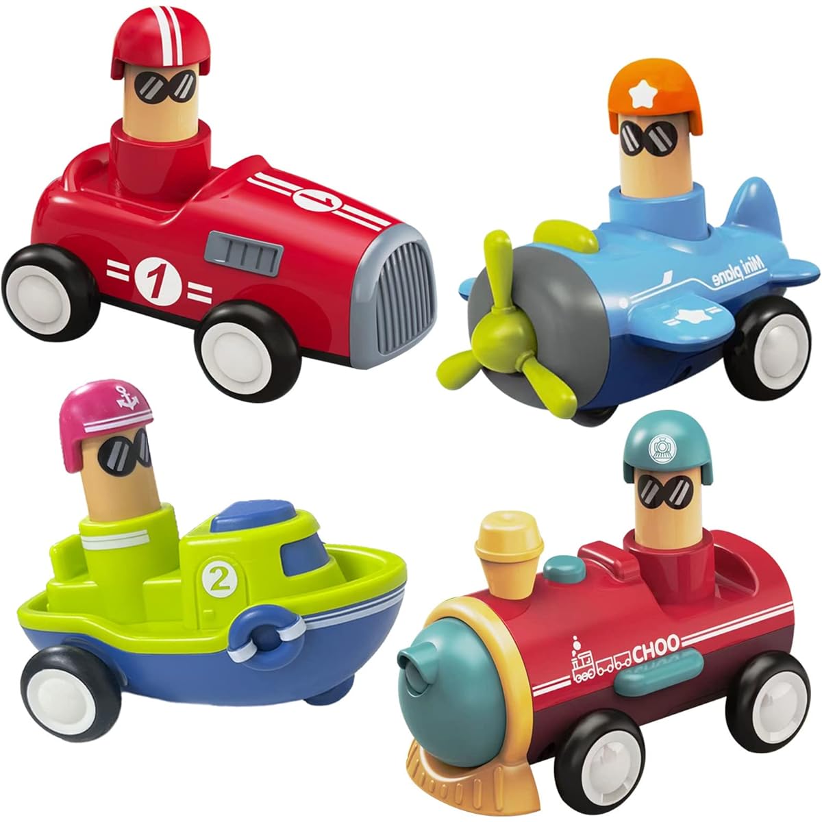 Wallxin 4 Pack Friction Powered Vehicles Toys Push and Go Back for Toddler Baby Boys Girls Ages 1 2 3 Years Old Gifts (Cars, Trains, Boats, Planes)