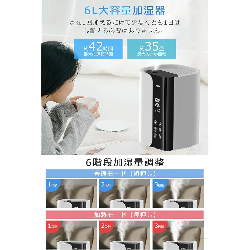 Humidifier, large capacity, 6L [New in 2024, 5-layer sterilization purification & negative ions] Tabletop humidifier, heating type