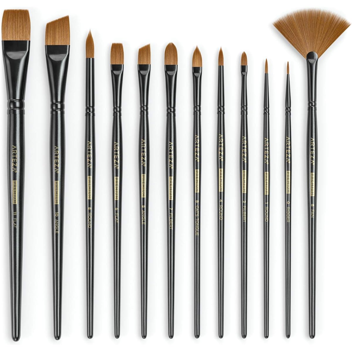 Arteza Paint Brushes Set of 12 Premium Synthetic Acrylic & Oil Paint Brushes with Brass Ferrules & Wooden Birch Handles Painting Art Supplies for Beginners and Experts