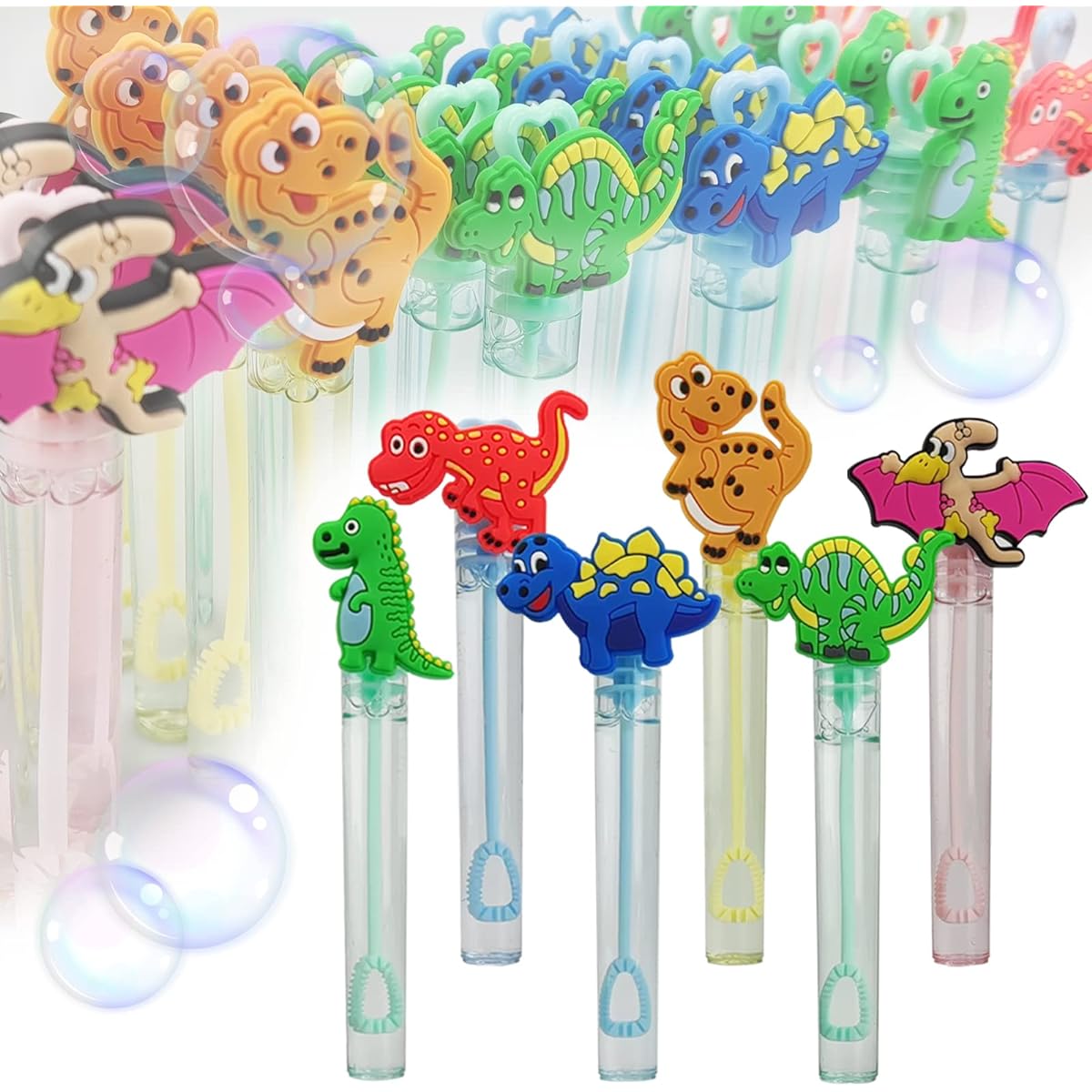 24 Dinosaur Mini Bubble Wands for Kids (6 Styles) Cute Dinosaur Theme Birthday Party Favors, Pinata Suckers, Goodie Bag Fillers, School Class Giveaways, Summer Outdoor Birthday Gifts for Girls Boys