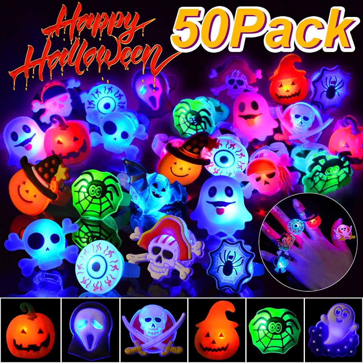 BUDI 50pcs Halloween/Christmas Party Favors Flash Rings for Adults and Kids, Multicolor, 191868027879