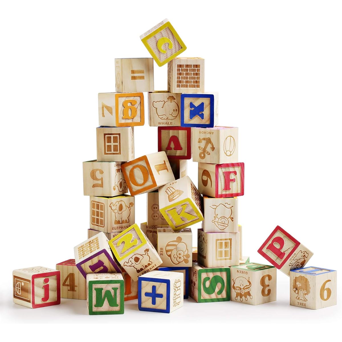 SainSmart Jr. Wooden ABC Blocks 40 Pieces Stacking Blocks Baby Alphabet Letters Counting Building Blocks Set with Mesh Bag for Toddlers