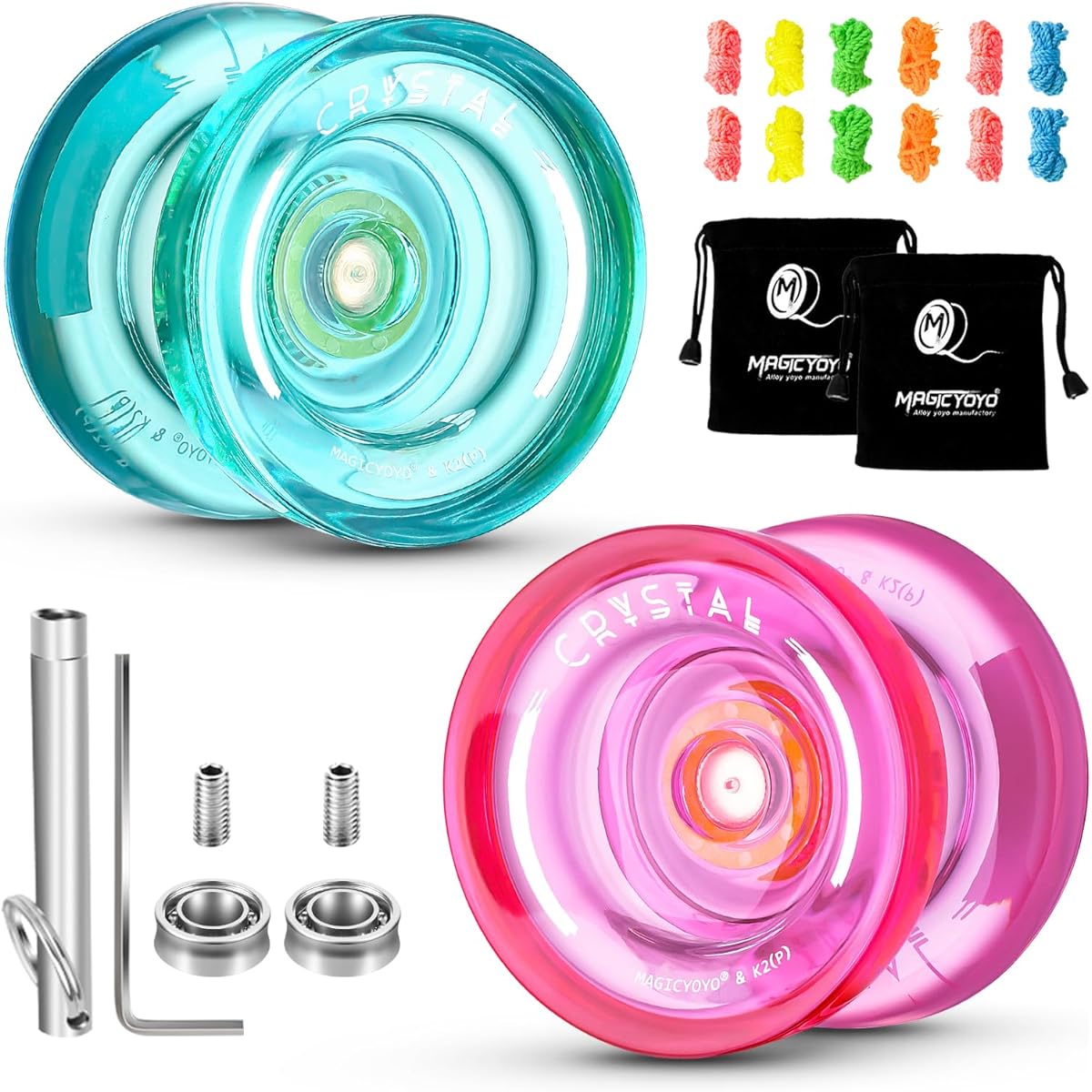 MAGICYOYO K2 Crystal Responsive Yoyo-Yos for Kids and Beginners, 2 Pack Dual Purpose Yoyo Replacement Non-Responsive Bearings for Intermediate and Advanced Players, 12 Yoyo Strings, 2 Bags, Bearing Remover, Green+Pink