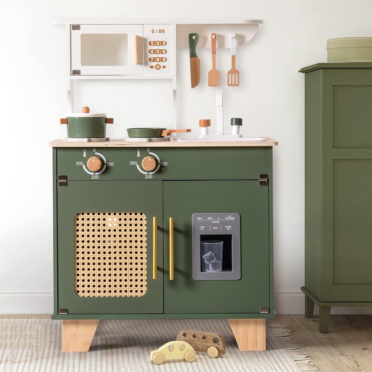 ROBUD Wooden Play Kitchen Set for Kids Toddlers with Ice Maker, Microwave, Oven, Chef Role Playing Toy Kitchen Pretend Play Kitchen Ages 3+ Vintage Green