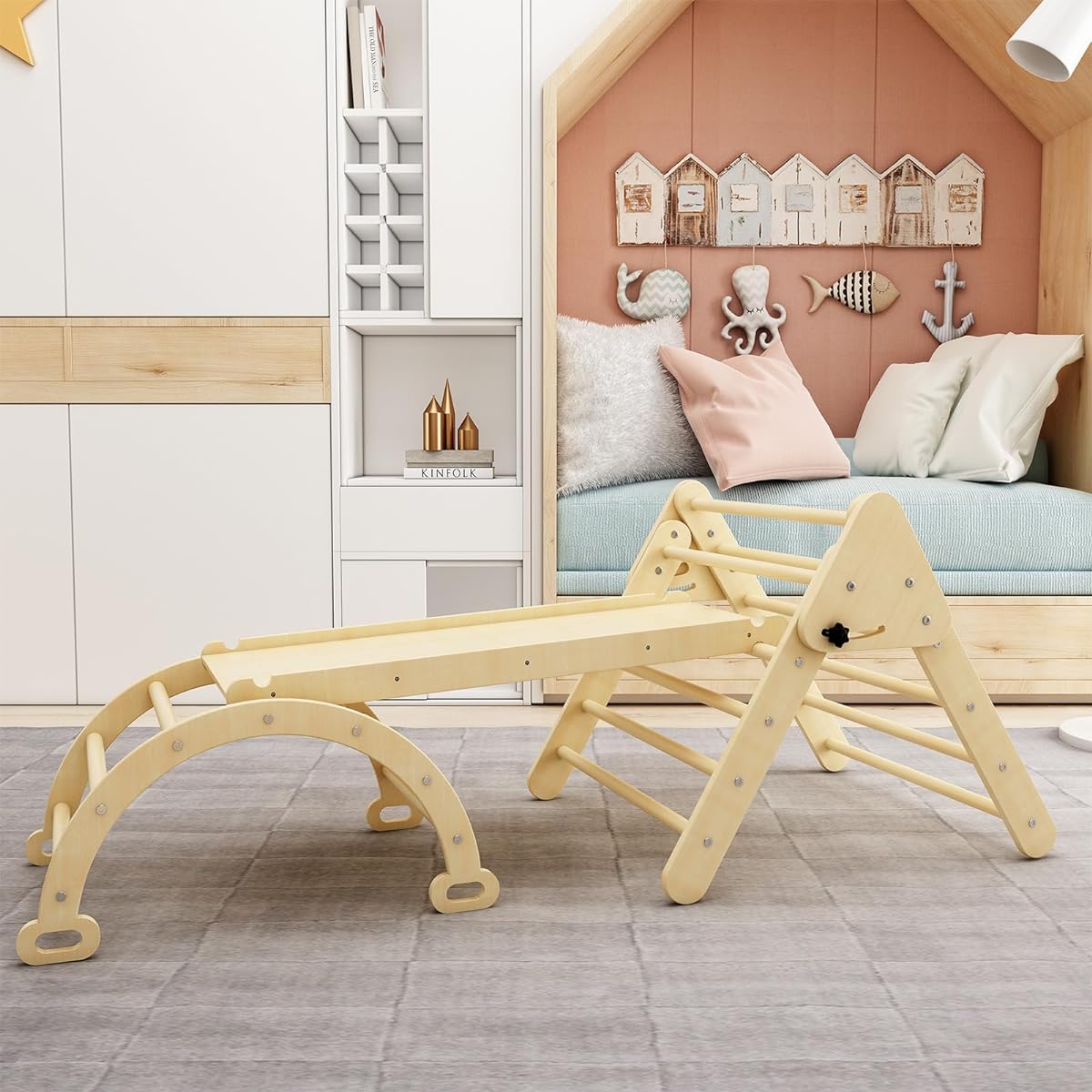 Benarita 3pcs Large Pikler Triangle Foldable Wooden Climbing Triangle Ladders with Ramps & Arches Slide Climbing Indoor Kids Play Gym Easy Storage for Children Boys Girls
