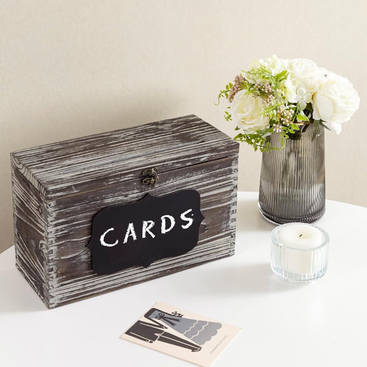 MyGift Wedding Card Box - Rustic Torchwood Reception Gift Card and Thank You Card Holder with Slotted Lid, Latch and Chalkboard Label