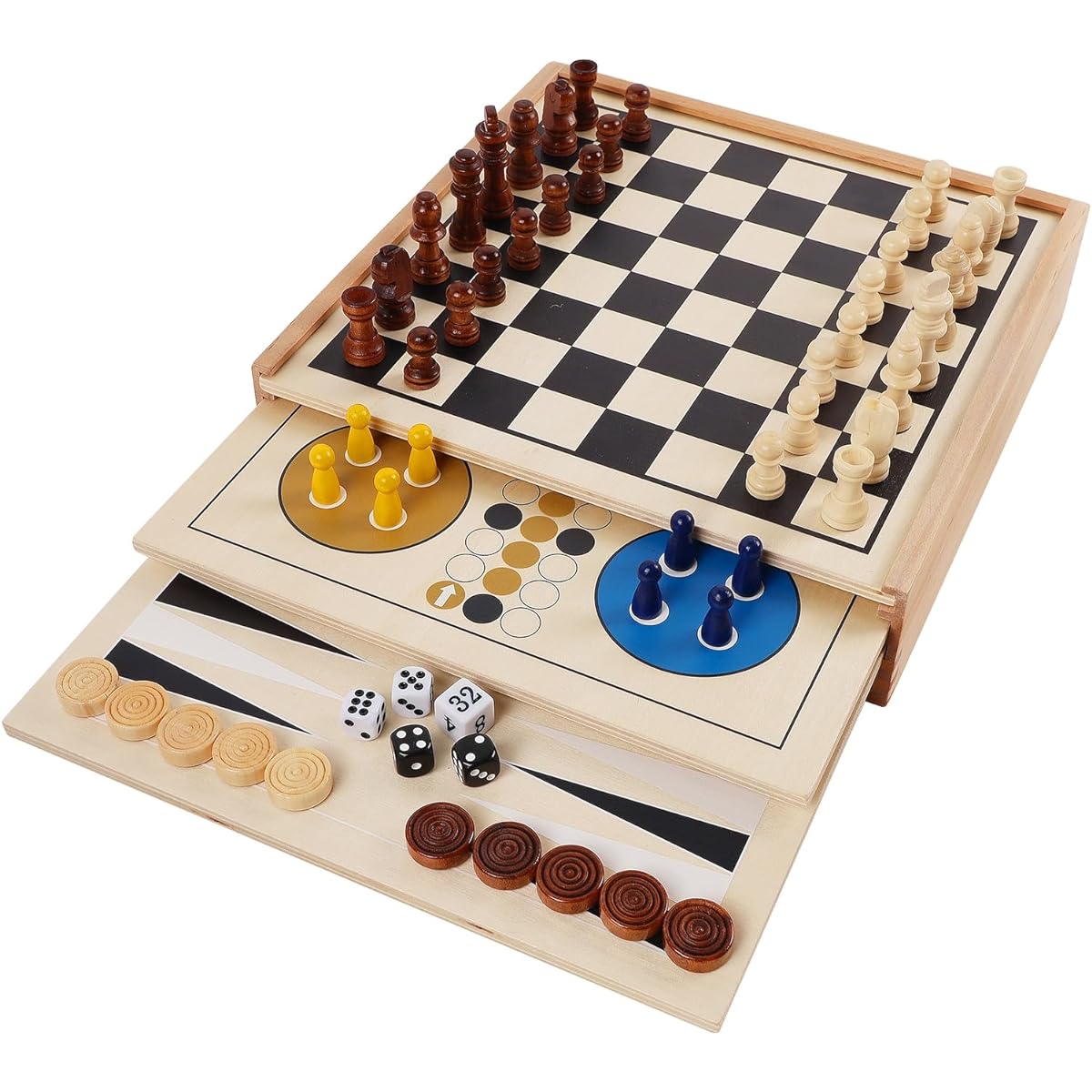 Juegoal 7-in-1 Wooden Board Game Set for Kids and Adults, Tabletop Combo Classic Travel Portable Board Games (Chess, Checkers, Chinese Checkers, Backgammon, Parches, Snakes and Ladders, Tic Tac Toe)